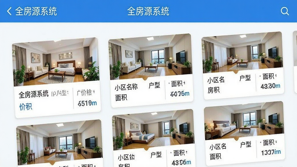 一张展示全房源系统主界面的手机截图,界面布局清晰,顶部显示“全房源系统”字样,下方为房源列表,每个房源卡片包含缩略图、小区名称、户型、面积、价格等关键信息,整体风格简洁现代,色彩以蓝色和白色为主,画质干净,无多余元素