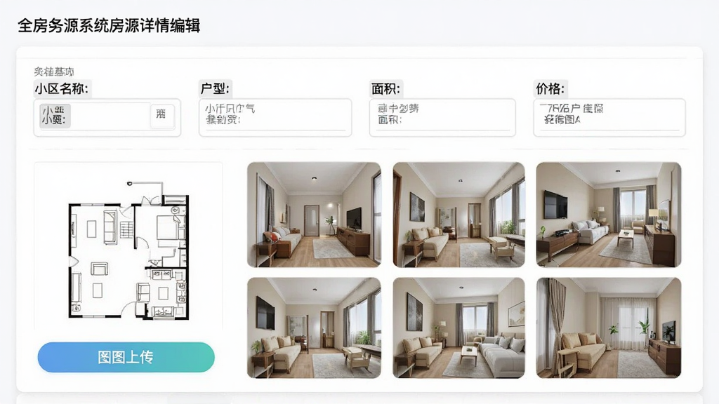 一张全房源系统房源详情编辑界面截图,页面展示房源基本信息填写区域,包括小区名称、户型、面积、价格等输入框,下方有户型图上传按钮和室内照片九宫格,界面采用表单布局,每个输入框有浅灰色边框,整体风格清爽,色彩明亮,画质干净,无多余元素
