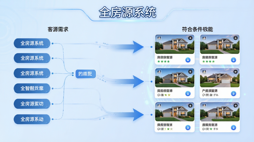 一张全房源系统智能匹配功能示意图,左侧为客源需求标签,右侧为符合条件的房源卡片列表,中间用箭头连接,背景为淡蓝色渐变,顶部有“全房源系统”字样,整体风格科技感,布局清晰,画质干净,无多余元素