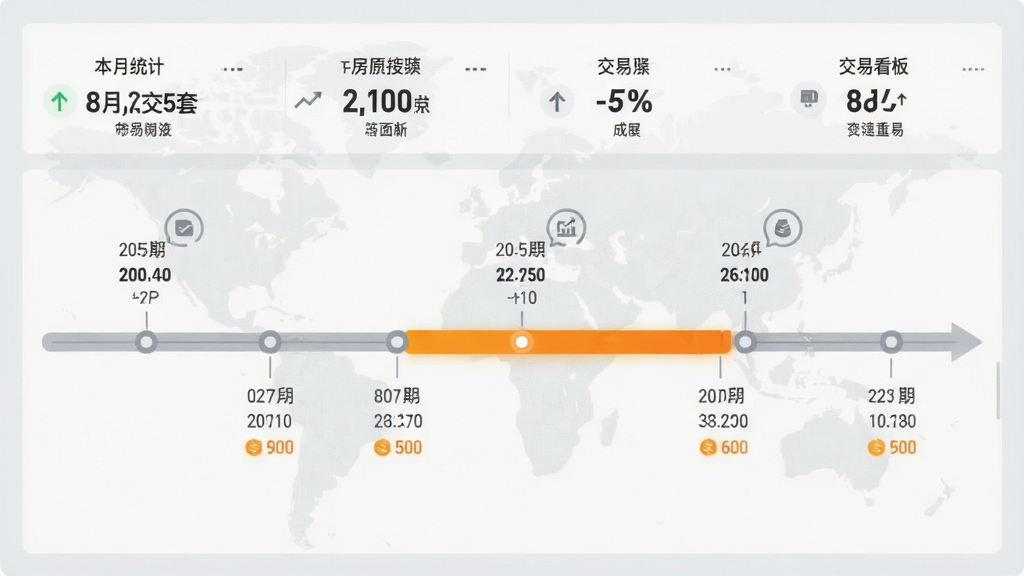 一张全房源系统交易进度看板界面截图,页面以时间轴形式展示交易各阶段,当前状态高亮显示,上方有统计数字,如“本月成交5套”,背景为浅灰色,整体风格商务,画质干净,无多余元素