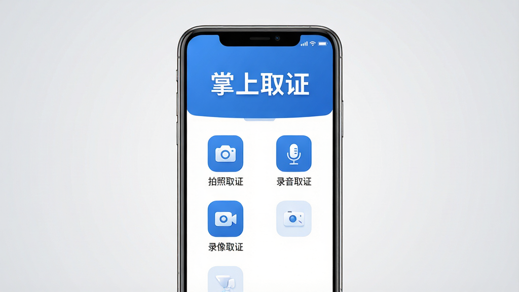 图片描述:一款名为“掌上取证”的智能手机应用界面预览图,手机屏幕居中展示,背景为浅灰色渐变,界面简洁现代,主色调为蓝色与白色,顶部显示“掌上取证”四个大字,下方排列着“拍照取证”、“录音取证”、“录像取证”等主要功能图标,整体布局清晰,画质高清,干净无多余元素。