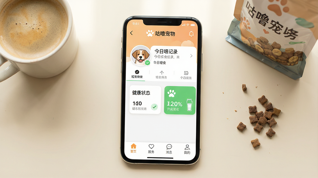 һ��չʾ�����ֻ���Ļ��ͼƬ����Ļ��������ʾ��������APP�������棬�����������ͷ�񡢽���ιʳ��¼������״̬��Ƭ���ײ�����������ҳ��������Ϣ���ҵ��ĸ���ǩ������Ϊ����ǳɫ���棬����һ�����Ⱥ�һС��������ʳ�����岼�ָɾ��������ܰ�������ֻ���Ļ���������ɶ�������ϸ�壬�ɾ��޶���Ԫ�ء�