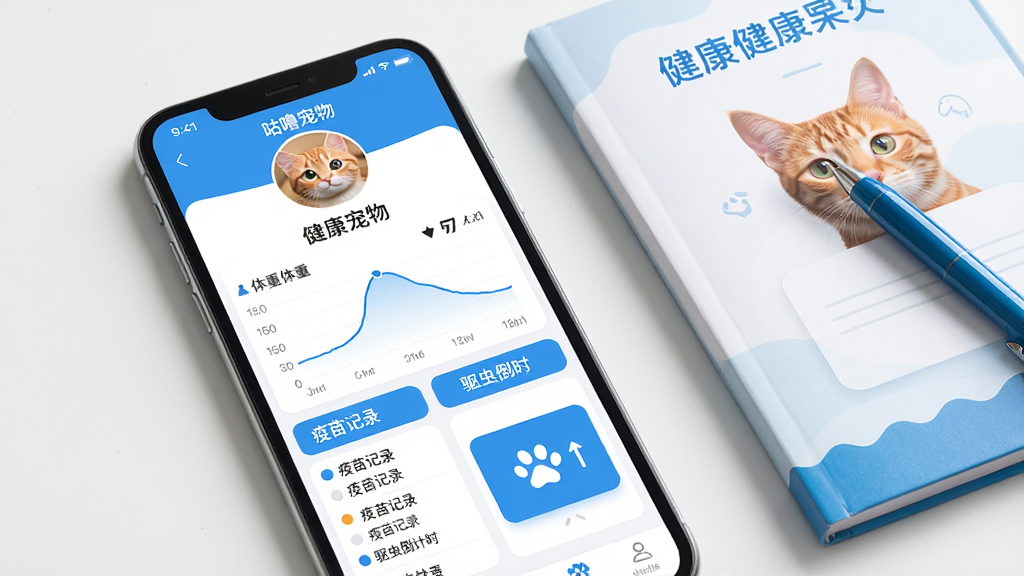 һ��չʾ�ֻ�APP����������������ҳ���ͼƬ��ҳ�涥����һֻ�ɰ�����èͷ���·���ʾ��������ͼ�������¼�б������浹��ʱ��Ƭ���ֻ��Ա߷���һ�����｡���ֲ��һ֧�ʡ����岼�������������ˬ��ɫ��������Ϊ��������ɾ���ϸ�ڷḻ�����ʸ��塣
