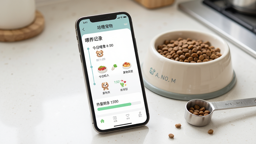 һ��չʾ�ֻ�APP��������ι����¼�����ͼƬ����Ļ����ʾ����ιʳʱ���ߡ�ʳ������ͼ�ꡢ����ʣ����������ֻ��Ա߰ڷ��ų�����������ף������Ǹɾ��ĳ���̨�档����ɫ����ͣ����ֺ�����ϸ����ʵ�������������޶���Ԫ�ء�