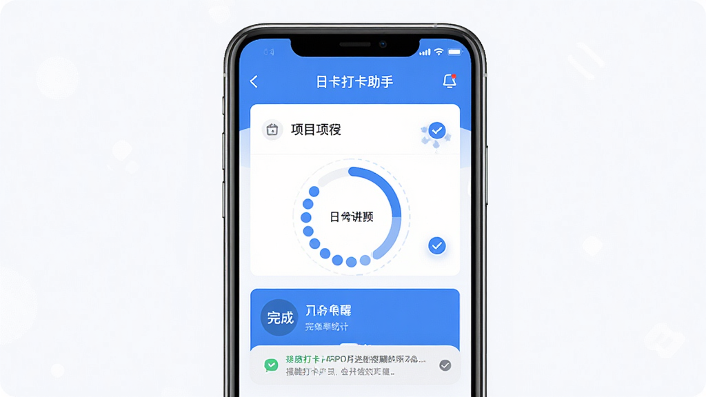 日常打卡助手APP界面展示,主体为手机屏幕,屏幕内显示打卡项目列表、日期进度环和完成率统计卡片,布局简洁居中,排版清晰,扁平化风格,配色以蓝白为主,细节包括勾选动画和提醒横幅,画质高清,干净无多余元素