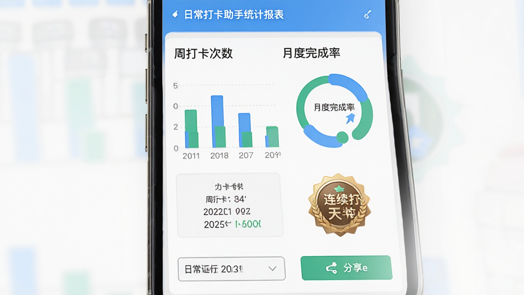 日常打卡助手统计报表界面,主体为手机屏幕,显示周打卡次数柱状图、月度完成率环形图和连续打卡天数徽章,布局居中,排版简洁,数据可视化风格,蓝绿配色,细节有日期筛选和分享按钮,画质高清,干净无多余元素