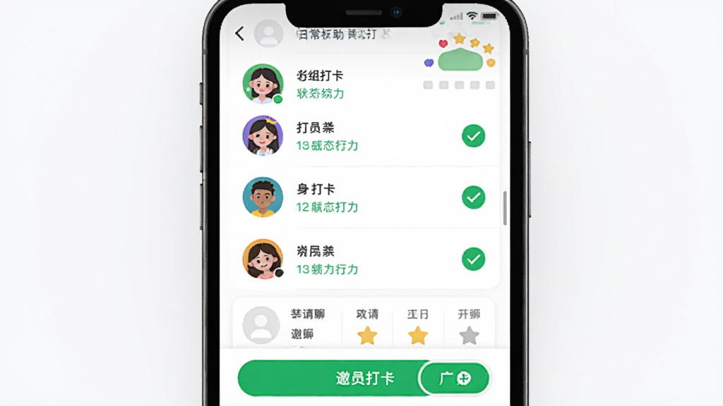 日常打卡助手小组打卡界面,主体为手机屏幕,显示小组成员列表、各自打卡状态和排行榜,布局列表式,排版紧凑,社交风格,多彩头像与绿色对勾图标,细节有邀请按钮和群聊入口,画质清晰,干净无多余元素