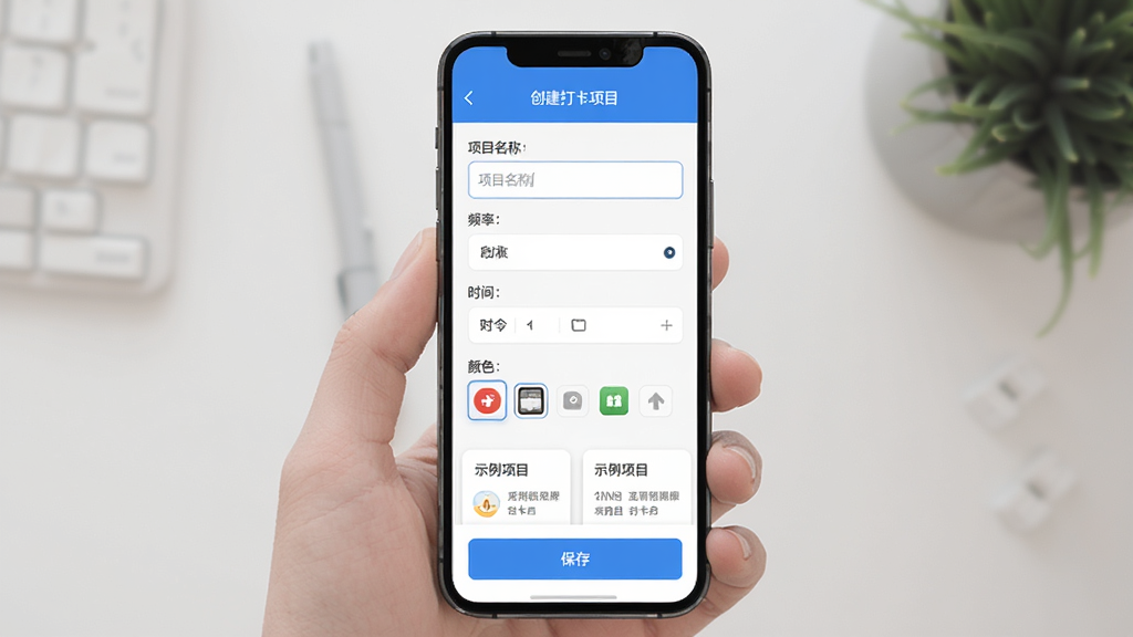 日常打卡助手自定义打卡功能预览,主体为手机界面,显示创建打卡项目的表单,包含项目名称输入框、频率选择器、时间选择器和颜色图标选项,布局分栏,排版整齐,扁平化设计,蓝色主调,细节有保存按钮和示例项目卡片,画质清晰,干净无多余元素
