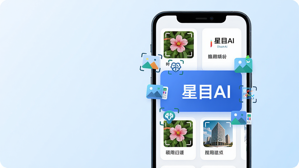 主体:一部智能手机屏幕展示星目AI应用界面,界面中央有一个醒目的“星目AI”字样,周围环绕着各种图像识别图标。布局:手机位于画面中心偏右,左侧留白,背景为干净的浅蓝色渐变。排版:应用界面采用简洁的卡片式布局,功能图标整齐排列。风格:现代科技感,扁平化设计,色彩明亮。细节:屏幕内显示识别的花朵、文字、建筑等元素,每个元素旁有标签。画质:高清,干净,无多余元素。