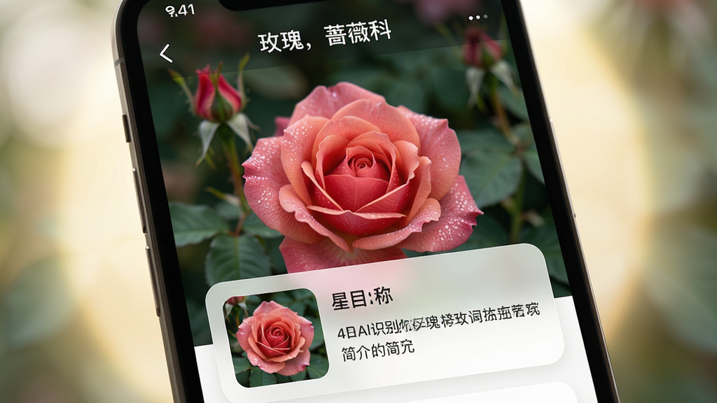 主体:手机屏幕展示星目AI识别一朵玫瑰花的界面,屏幕上方显示“玫瑰,蔷薇科”字样。布局:手机屏幕占据画面主要部分,周围有柔和的自然光晕。排版:界面下方有识别结果卡片,包含图片、名称和简介。风格:写实与UI结合,清晰自然。细节:花瓣纹理清晰,识别卡片圆角设计。画质:4K,干净,无多余元素。