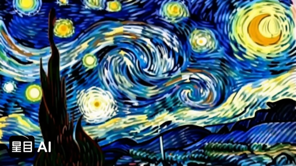 主体:一张风景照片被星目AI处理成梵高星空风格,画面中有旋转的星空和明亮的月亮。布局:图片占据整个画面,左下角有星目AI的水印Logo。排版:风格化后的图像色彩浓郁,笔触明显。风格:艺术感强,印象派。细节:星云流动的笔触清晰可见,色彩过渡自然。画质:高分辨率,干净,无多余元素。