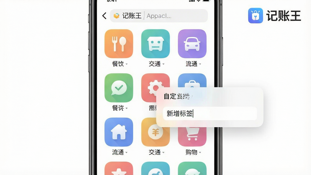 主体:记账王App的智能分类功能界面,屏幕中展示彩色分类图标网格,包括餐饮、交通、购物等,并有一个自定义标签编辑弹窗。布局:手机屏幕占画面中央,四周留白,右上角显示“记账王”Logo。排版:网格布局整齐有序,弹窗设计突出自定义操作。风格:清爽的IOS风格,圆角矩形图标,色彩柔和。细节:图标下方有中文文字标注,弹窗中有“新增标签”输入框。画质:细腻清晰,界面元素无锯齿,背景干净无杂物。