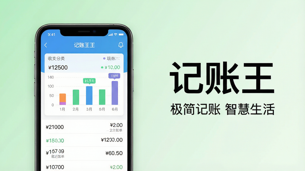 主体:记账王App界面展示,手机屏幕中显示清晰的收支分类图表与最近账单列表,背景为简洁的浅绿色渐变。布局:手机居中偏左,右侧留白区域标注“记账王”三个大字,下方一行小字“极简记账 智慧生活”。排版:整体采用左右构图,文字与手机形成视觉平衡,重点突出品牌名称。风格:扁平化设计,色彩明快,符合现代移动应用审美。细节:界面中的数字清晰可读,图表颜色区分明显,整体画面干净整洁。画质:高清渲染,柔和自然光效,无多余元素。