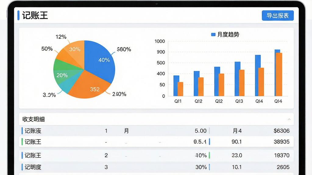 主体:记账王App的统计图表界面,大屏幕中显示彩色饼图与柱状图,下面是收支明细列表。布局:图表区域占屏幕上半部分,列表占下半部分,右上角有“导出报表”按钮。排版:信息层级分明,图表与列表用浅灰色分隔线区分。风格:商务简洁风格,主色调为蓝色与橙色。细节:饼图各区域标注百分比,柱状图显示月度趋势,列表行高适中。画质:高分辨率,数据文字清晰,背景纯白无干扰。
