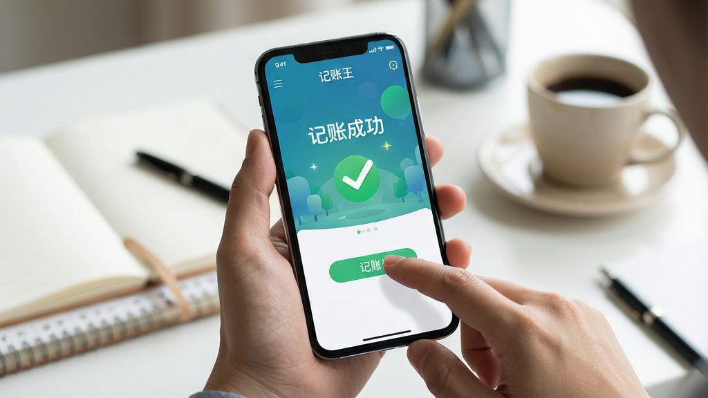 主体:用户手持手机正在使用记账王App,屏幕显示记账成功动画,旁边有绿色对勾图标。布局:手机位于画面中央,背景为虚化的办公桌,周围有笔记本和咖啡杯。排版:主体突出,手机屏幕内容清晰可见。风格:写实摄影风格,光线明亮自然。细节:屏幕中显示“记账成功”字样,用户手指点击按钮,画面生动。画质:高清细节,景深效果自然,无多余杂物。