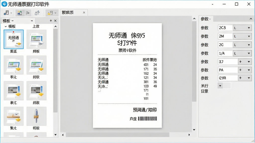 一张展示无师通票据打印软件主界面的高清截图,界面包含左侧模板列表、中间票据预览区、右侧参数设置面板,整体风格简洁明亮,背景为浅灰色,软件名称“无师通票据打印软件”以蓝色字体显示在窗口左上角,画质清晰,干净无多余元素