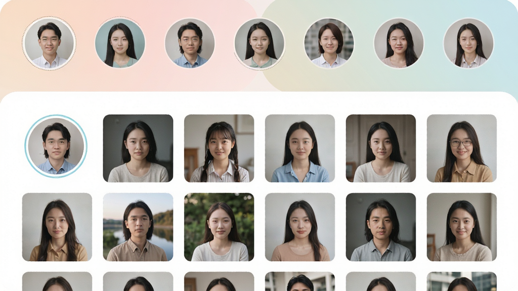 一张时光印记软件人脸识别分组功能展示图,界面中上方是多个圆形人物头像缩略图,下方是选中某个人物后展示的该人物在不同场景下的照片墙,照片排列整齐,界面色彩柔和,布局合理,画质细腻,干净无多余元素