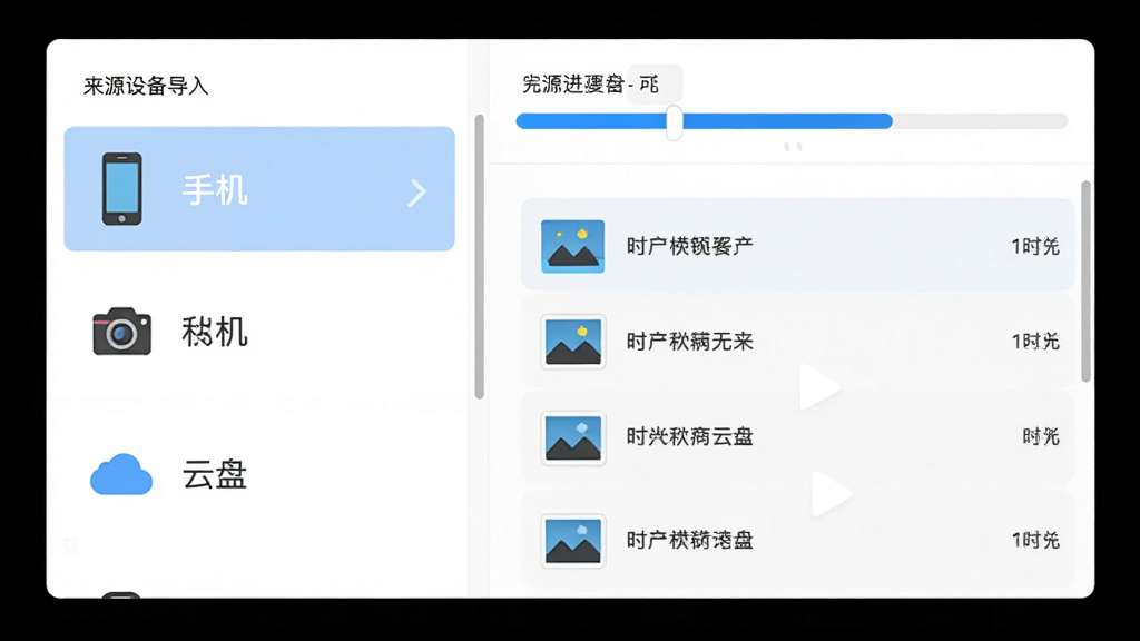 一张展示时光印记导入功能的界面,左侧是来源设备列表(如手机、相机、云盘),右侧是导入进度条和文件列表,界面有蓝色进度指示,整体风格简洁,图标清晰,排版有序,画质干净,无多余元素