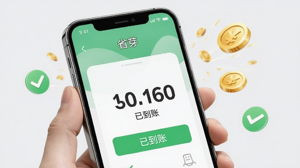 画面主体为一部手机握在用户手中,屏幕上显示“省芽”的提现成功界面,金额数字和“已到账”字样,背景为浅灰色,周围有对勾图标和金币特效,布局简洁,风格写实与插画结合,细节清晰,画质干净明亮,无多余元素