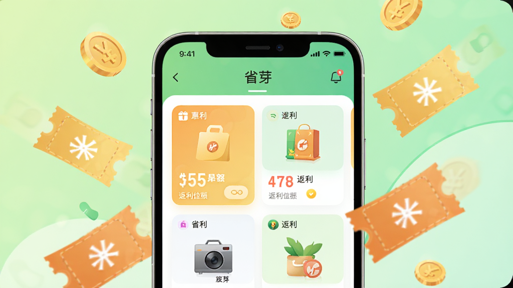 画面主体为一部智能手机屏幕占据视觉中心,屏幕上清晰显示“省芽”应用主界面,界面中有多个优惠商品卡片和返利金额数字,手机周围漂浮着金币和优惠券元素,背景为清新的浅绿色渐变,整体布局简洁明快,风格为扁平化插画,细节精致,画质高清干净,无多余元素