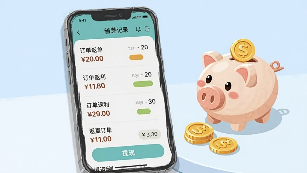 画面主体为手机屏幕展示“省芽”的返利记录页面,屏幕上显示多笔订单返利金额和提现按钮,旁边有一个卡通存钱罐和几枚金币,背景为淡蓝色,整体布局简洁大方,风格为清新插画,细节清晰,画质干净明亮,无多余元素