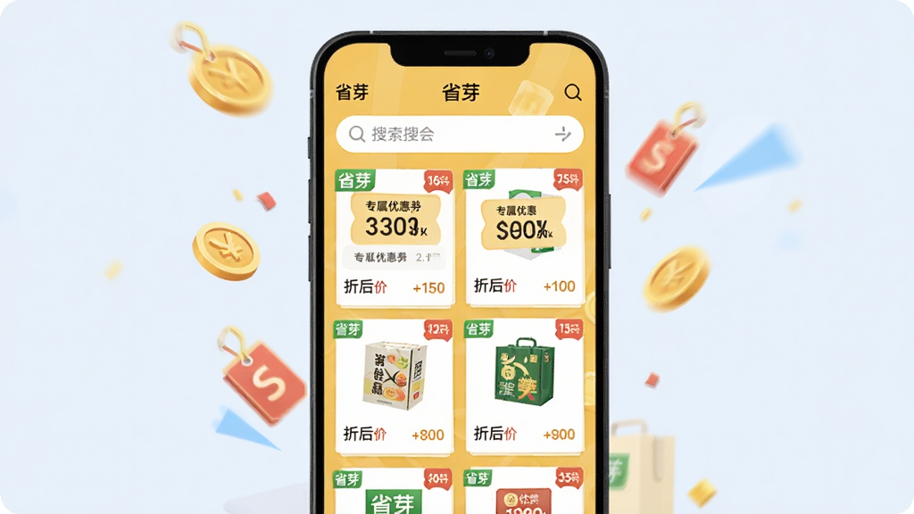 画面主体为手机应用界面展示,屏幕内显示“省芽”的优惠聚合页面,顶部有搜索栏,下方是多个商品卡片,每个卡片上标有“省芽”专属优惠券金额和折后价,背景为明亮的暖黄色,周围有红色折扣标签和金色金币点缀,布局规整,风格为现代扁平插画,细节丰富,画质干净清晰,无多余元素