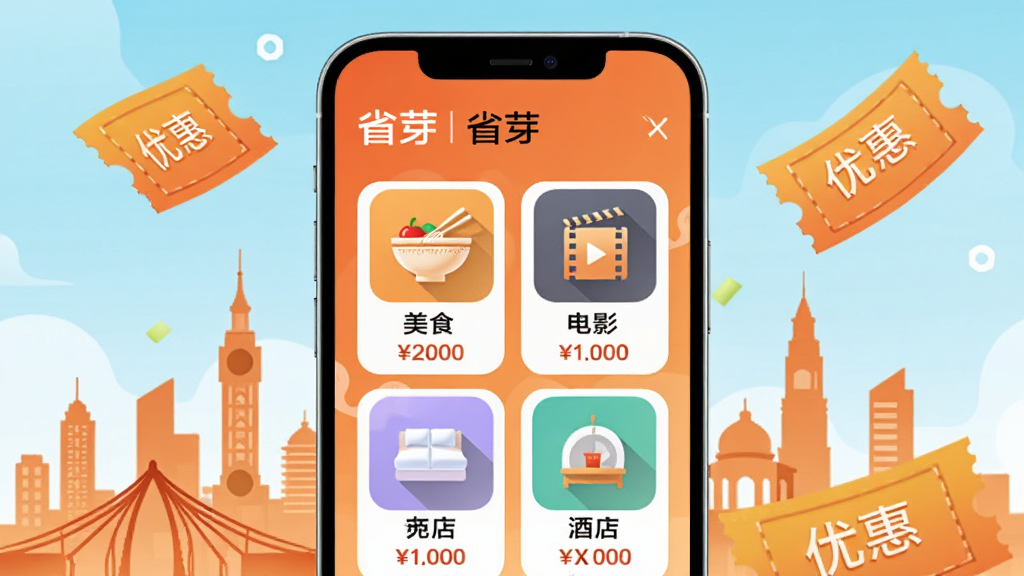 画面主体为手机应用界面,屏幕显示“省芽”的本地生活频道,包含美食、电影、酒店等图标,每个图标下方有折扣价,背景为橙色渐变,周围有城市地标剪影和优惠券图形,布局清晰,风格为现代插画,细节丰富,画质干净高清,无多余元素