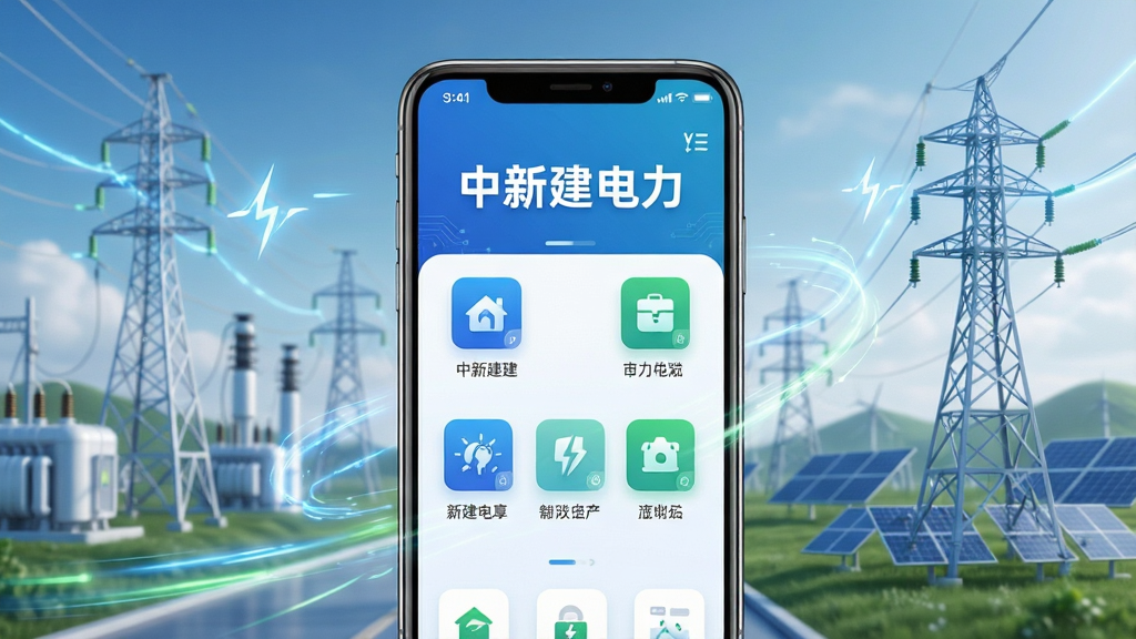 主体:智能手机屏幕展示中新建电力APP界面,背景为现代电力设施与绿色能源场景。布局:手机居中,界面清晰显示“中新建电力”字样及主要功能图标,周围辅以电流、电塔等科技元素。排版:简洁大气,元素错落有致,突出软件名称。风格:科技感、商务风,色调以蓝色和白色为主,辅以绿色点缀。细节:界面图标精致,光线柔和,电力元素动态流动。画质:高清,干净,无多余元素。