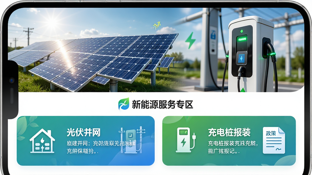 主体:中新建电力APP新能源服务专区界面。布局:顶部为光伏电站与充电桩实景图,下方为服务项目图标与介绍文字。排版:图文结合,突出“光伏并网”与“充电桩报装”两大模块。风格:清新自然,绿色与蓝色主色调,体现环保理念。细节:太阳能板反光、充电桩指示灯、政策文件图标。画质:高清,干净,无多余元素。