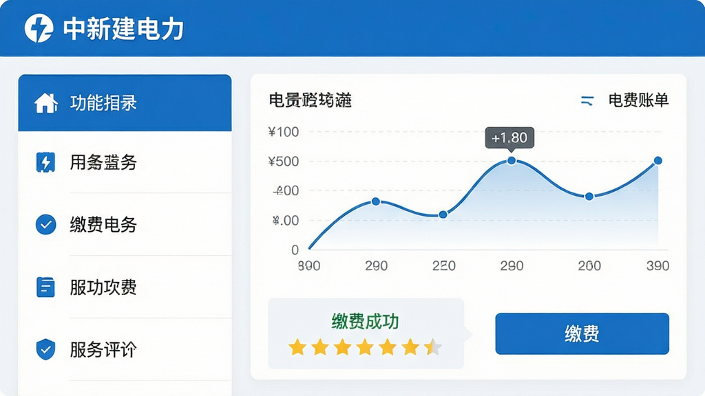 主体:中新建电力APP的用电服务功能界面预览。布局:左侧为功能列表,右侧展示电费账单图表与缴费按钮,顶部有“中新建电力”标识。排版:信息层级分明,数据可视化图表清晰易读。风格:扁平化设计,现代简约,蓝白配色。细节:电量曲线图、缴费成功提示、服务评分星星。画质:高清,干净,无多余元素。
