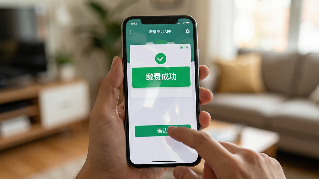 主体:用户手持手机使用中新建电力APP,屏幕显示缴费成功界面。布局:手机位于画面中央,背景为模糊的室内环境,突出操作手势。排版:简洁明了,重点展示“缴费成功”绿色提示。风格:写实生活风,色调温暖自然。细节:手指点击确认按钮、屏幕反光、电量图标。画质:高清,干净,无多余元素。