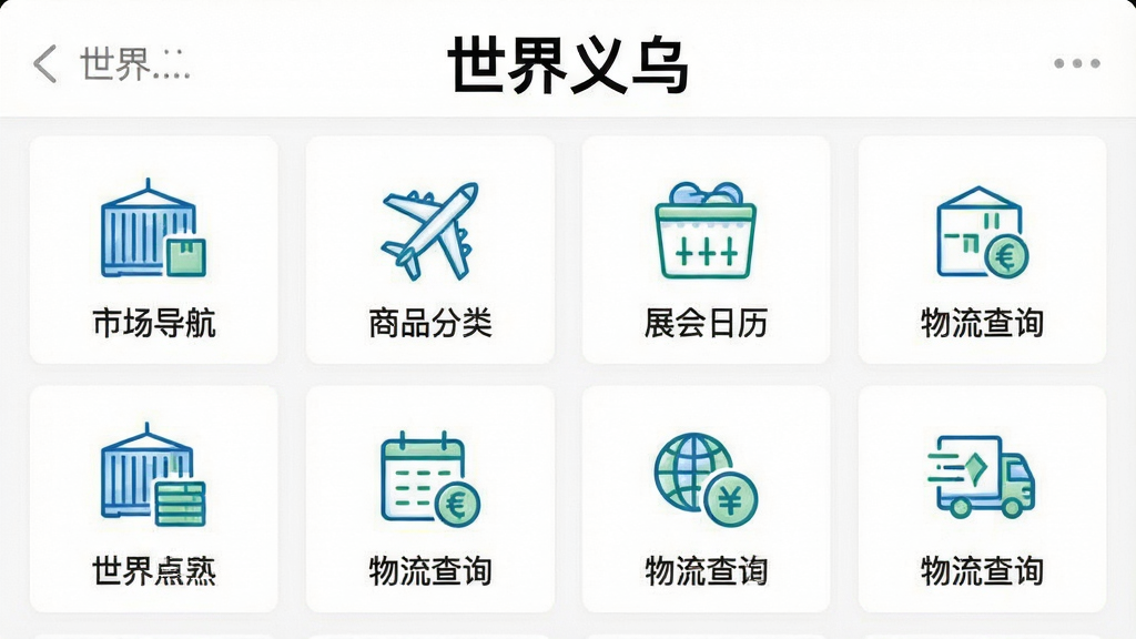 一张展示“世界义乌”APP商贸服务界面的图片,界面中显示市场导航、商品分类、展会日历、物流查询等模块图标,每个图标下方配有简短的文字说明。布局采用宫格形式,整齐排列。风格为简洁的UI设计图,背景为白色,图标采用线性风格,颜色为蓝色和绿色。细节上突出“世界义乌”品牌名称,以及商贸元素如货柜、飞机、货币符号等。画质干净,无多余元素。