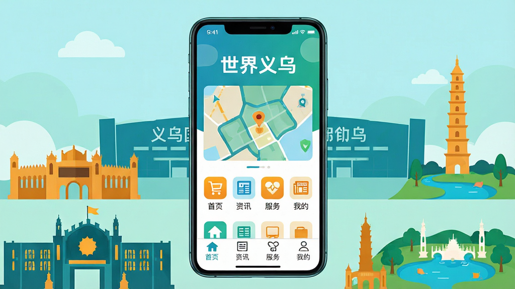 主体为一部亮着屏幕的智能手机,屏幕中显示“世界义乌”APP的主界面,界面风格简洁现代,背景为义乌国际商贸城全景轮廓。布局以手机为中心,四周环绕义乌地标建筑剪影如国际商贸城、义乌塔、绣湖公园等。排版采用居中构图,手机屏幕内容清晰可见,包含“首页”、“资讯”、“服务”、“我的”四个底部导航图标。风格为扁平化插画风,色彩明亮,以蓝绿色为主色调,搭配橙黄色点缀。细节上突出APP名称“世界义乌”字样,以及城市地图、购物车、新闻图标等元素。画质高清,整体干净,无多余元素。