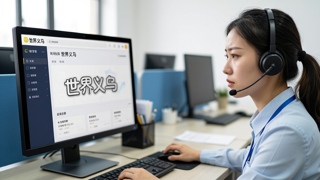一张客服人员正在电脑前操作系统的图片,电脑屏幕上显示“世界义乌”APP的后台管理界面,背景为办公室环境。布局以客服人员为主体的三分之一构图,另一侧为电脑屏幕特写。风格为写实摄影风,色调明亮,细节上突出客服人员的专注表情和屏幕上的“世界义乌”字样。画质高清,无多余元素。