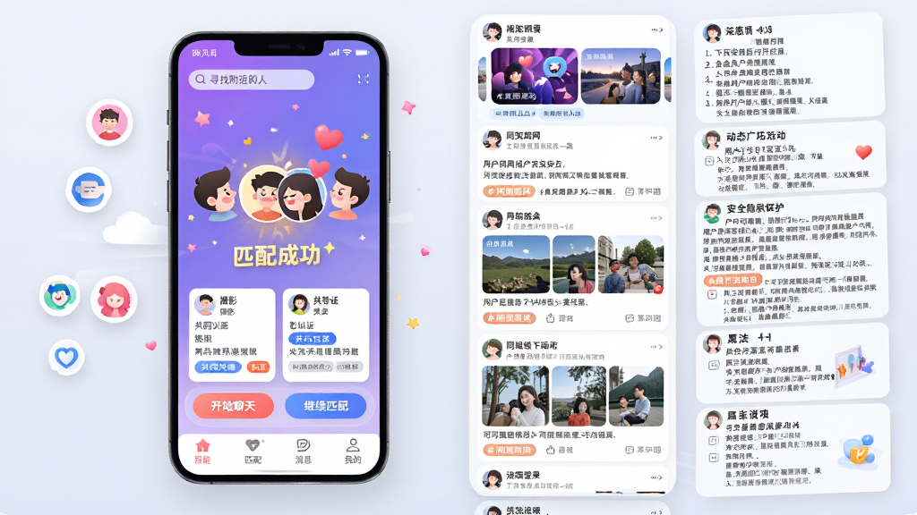 主体:手机屏幕展示“相知网”应用界面,界面中央有两个人头像重叠的图标,周围环绕着粉色的爱心和闪光粒子。布局:手机位于画面中心偏左,右侧悬浮着几个圆形小图标(分别代表聊天、匹配、动态),整体呈对角线构图。排版:应用界面简洁现代,底部有四个导航标签(首页、匹配、消息、我的),顶部搜索栏显示“寻找附近的人”。风格:扁平化插画风格,色彩明亮柔和,主色调为粉色和白色,背景为淡蓝色渐变。细节:手机屏幕内展示用户资料卡片,卡片上有姓名、年龄、职业和兴趣爱好标签,卡片底部有“喜欢”和“跳过”两个按钮,按钮为圆角矩形。画质:高清,干净,无多余元素。】
<h3>核心特色</h3>
<h4>智能匹配推荐:</h4>
<p>相知网采用多维度的智能推荐算法,综合用户的兴趣爱好、地理位置、活跃时段以及交友偏好,每日为用户精选多位高契合度的潜在好友。系统会根据你的互动行为不断优化推荐模型,让匹配越来越精准,大大提升成功交友的效率。同时,用户也可以主动设置筛选条件(如年龄范围、距离半径、兴趣标签等),完全掌控自己的社交圈层。</p>
[[IMG:主体:手机屏幕显示“相知网”匹配成功动画,两个卡通人物头像从屏幕两侧向中间靠拢并碰撞出爱心特效。布局:两个头像分别位于屏幕左右两侧,中间是发光的金色“匹配成功”字样,下方有“开始聊天”和“继续匹配”两个按钮。排版:界面中央偏上,背景为动态渐变紫色调,有漂浮的小星星和圆点装饰。风格:科技感与浪漫感结合,UI图标圆润,色彩饱和度高。细节:头像下方显示匹配度百分比和共同兴趣标签,如“摄影”、“旅行”、“美食”。画质:高清渲染,干净,无多余元素。】</p>
<h4>真实身份认证:</h4>
<p>为保障用户交友安全,相知网推行严格的真人认证机制。用户可通过手机号、人脸识别或身份证信息进行多重认证,通过后会在个人主页显示专属的“已认证”标识。这一举措有效过滤了虚假账号与骚扰行为,营造了一个可信赖的社区氛围。未认证用户将无法使用部分核心功能(如查看访客记录、发送好友申请等),以此鼓励用户完善真实资料。</p>
<h4>动态广场互动:</h4>
<p>类似朋友圈的社区广场,用户可分享日常动态、心情随笔、摄影作品或才艺展示。支持文字、图片、视频等多种格式,并可通过定位功能发现附近的人发布的精彩内容。广场设有热门话题、同城推荐、兴趣圈层等栏目,用户可以点赞、评论、转发,甚至通过动态直接发起私聊,让社交从“看脸”延伸到“看内涵”,丰富交友维度。</p>
[[IMG:主体:手机屏幕显示“相知网”动态广场信息流,包含多张卡片式动态。布局:上方是轮播图展示热门活动,下方是瀑布流动态卡片,每张卡片有用户头像、昵称、发布时间、内容缩略图和点赞评论按钮。排版:卡片圆角设计,白色背景,阴影明显,动态内容以图片为主,文字为辅。风格:清新简约,配色以浅灰和白色为主,点缀橙色和蓝色按钮。细节:动态卡片中显示地理位置标签和话题标签,如“#周末爬山#”。画质:干净,无多余元素。】</p>
<h4>同城线下活动:</h4>
<p>相知网定期组织线上与线下相结合的同城社交活动,如桌游聚会、户外徒步、读书分享、电影观影会等。用户可以在活动板块浏览近期活动详情,直接在线报名并支付费用(部分免费)。活动结束后,参与者可以互评,系统会根据活动表现提升用户的信用积分。这一功能旨在将虚拟社交转化为真实连接,提高交友的深度与质量。</p>
<h4>安全隐私保护:</h4>
<p>应用提供全方位的隐私控制选项,用户可以设置谁可以查看自己的动态、谁可以发送私信、是否展示在线状态等。同时,内置敏感词过滤与一键举报功能,专业风控团队7×24小时在线,对违规行为快速处理。此外,还特别设置了“紧急联系人”和“自动位置共享”功能,在用户参与线下见面时可开启守护模式,为安全交友提供坚实后盾。</p>
<h3>用法|亮点|操作说明</h3>
<table border=