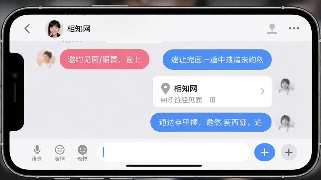 主体:手机横屏显示“相知网”聊天界面,背景为浅灰色,聊天气泡使用粉色和蓝色区分。布局:屏幕上方是对方头像和昵称,中间是聊天记录,底部是输入框和发送按钮。排版:输入框左侧有“语音”和“表情”图标,右侧是“+”号。风格:模拟真实聊天场景,UI风格与整体应用一致,圆角气泡。细节:聊天内容涉及邀约见面,对方发送了定位卡片。画质:干净,无多余元素。