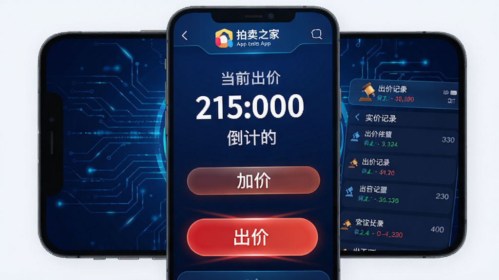主体为拍卖之家App实时竞拍界面,中央显示当前出价数字与倒计时,下方有加价按钮和出价记录列表,背景为深蓝色科技感风格,布局聚焦,排版直观,风格现代动感,细节包含红色“出价”按钮高亮,画质清晰干净