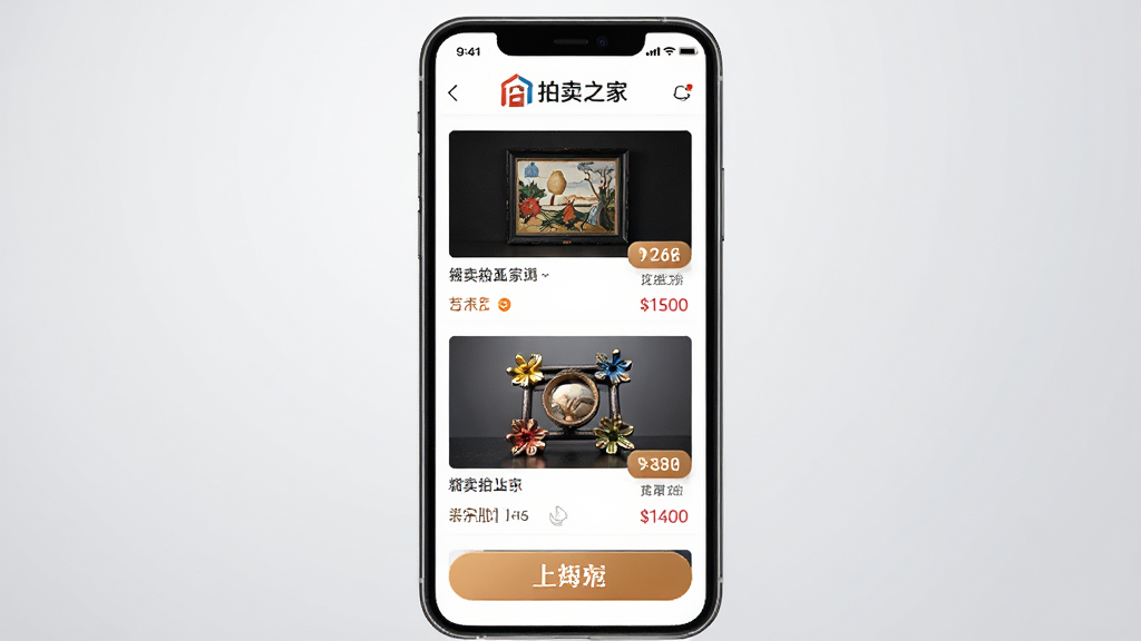 主体为一部智能手机屏幕展示拍卖之家App界面,屏幕内显示“拍卖之家”品牌logo与多件艺术拍品图片列表,背景为浅灰色渐变,整体布局居中,排版简洁现代,风格商务大气,细节包含清晰的拍卖按钮与价格标签,画质高清干净,无多余元素