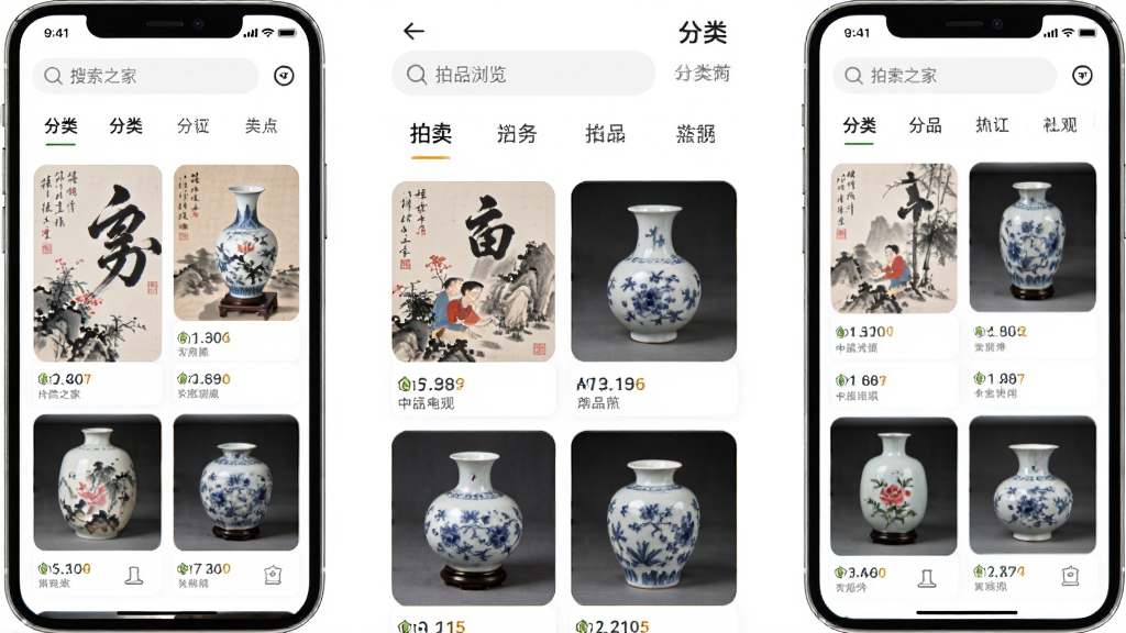 主体为拍卖之家App拍品浏览页面,屏幕上展示多幅书画与瓷器缩略图,排列整齐,顶部有搜索栏和分类标签,布局清晰,排版规整,风格清新明亮,细节突出图片质感与信息层级,画质干净无多余元素