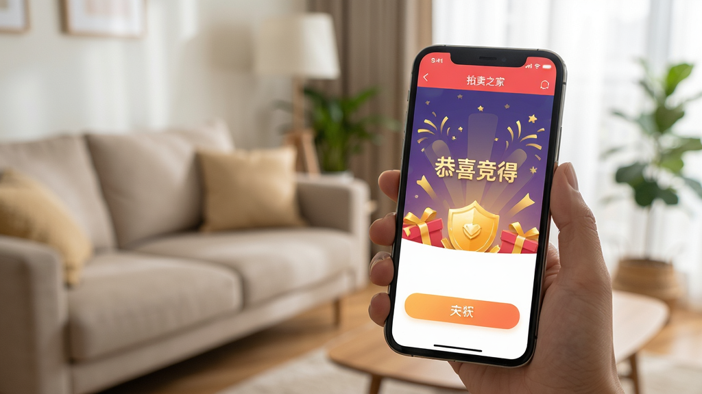 主体为拍卖之家App使用场景,用户手持手机查看拍品,屏幕中显示竞拍成功庆祝动画,背景为居家环境,布局自然,排版生活化,风格温馨真实,细节包含手机屏幕上的“恭喜竞得”字样与金色礼花,画质清晰干净
