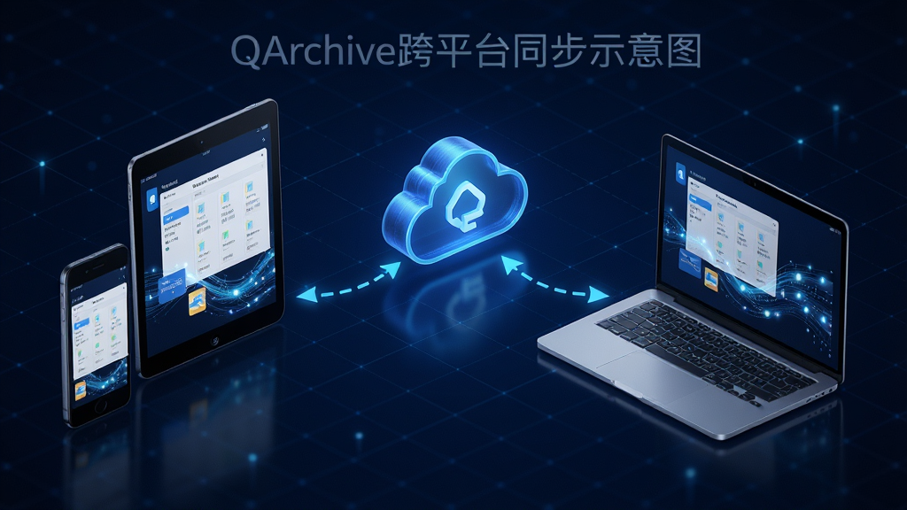 ���壺QArchive��ƽ̨ͬ��ʾ��ͼ���ֻ���ƽ�塢�ʼǱ�������̨�豸Χ���Ʒ��������ӡ����֣���̨�豸�����Ƿֲ�����Ļ����ʾ��ͬ�����ݹ鵵���档�Ű棺�豸֮�������߼�ͷ���ӣ���ͼ����С���񣺿Ƽ��У�����������ϸ�ڣ�ÿ̨�豸��Ļ�������������Ĺ�㣬����Ϊ����ɫ�Ƽ����񡣻��ʣ�������Ⱦ����Ӱ��Ȼ���޶���Ԫ�ء�