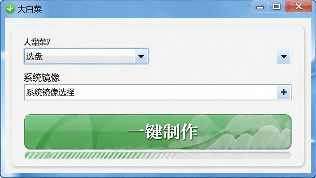 软件操作界面截图风格图片,主体为“大白菜”一键制作U盘启动盘的主窗口,布局清晰,包含U盘选择下拉框、系统镜像路径选择框和一个醒目的“一键制作”按钮。排版规整,风格扁平化UI设计,细节展示按钮的立体感和进度条的动态感,画质清晰,干净无多余元素。