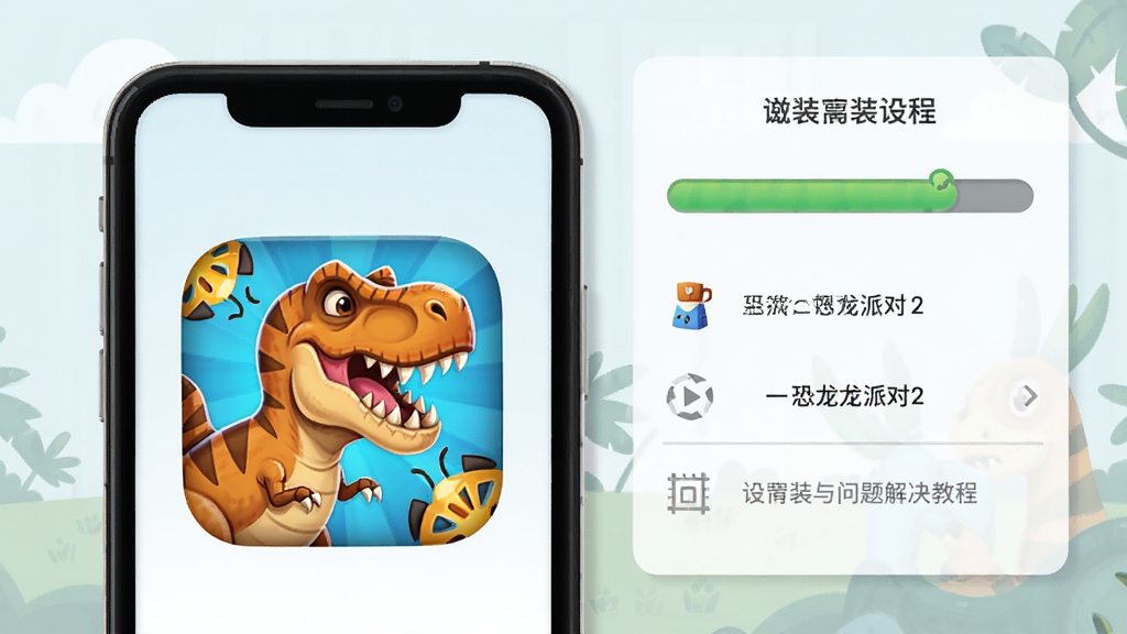 恐龙派对2游戏安装与问题解决教程示意图,手机屏幕上显示游戏图标,背景是安装进度条和设置选项,简洁明了的示意图风格,布局清晰,画质干净