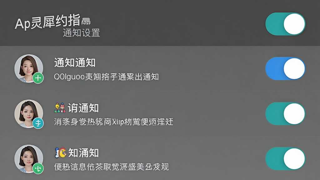 灵犀约指App通知设置界面,主体为通知列表和开关按钮,布局上下排列,排版规整,风格简约,细节有联系人头像和消息预览,画质干净,无多余元素