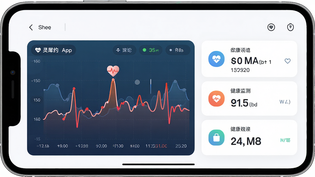灵犀约指App健康监测界面,主体为心率曲线图和数据面板,布局左侧图表右侧数据,排版简洁,风格清新,细节包括图标和数字,画质清晰,干净无多余元素