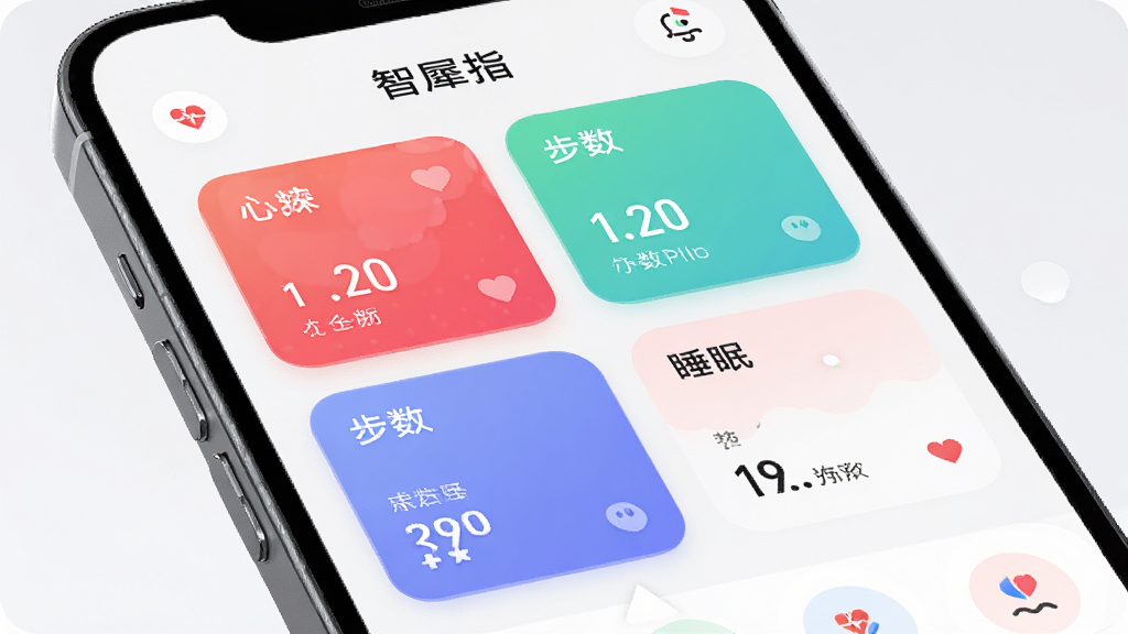一幅展示智能戒指与手机连接界面的高清渲染图,主体为灵犀约指App的首页仪表盘,布局清晰,包含心率、步数、睡眠等数据卡片,排版现代,风格科技感强,细节圆润,画质细腻,干净无多余元素