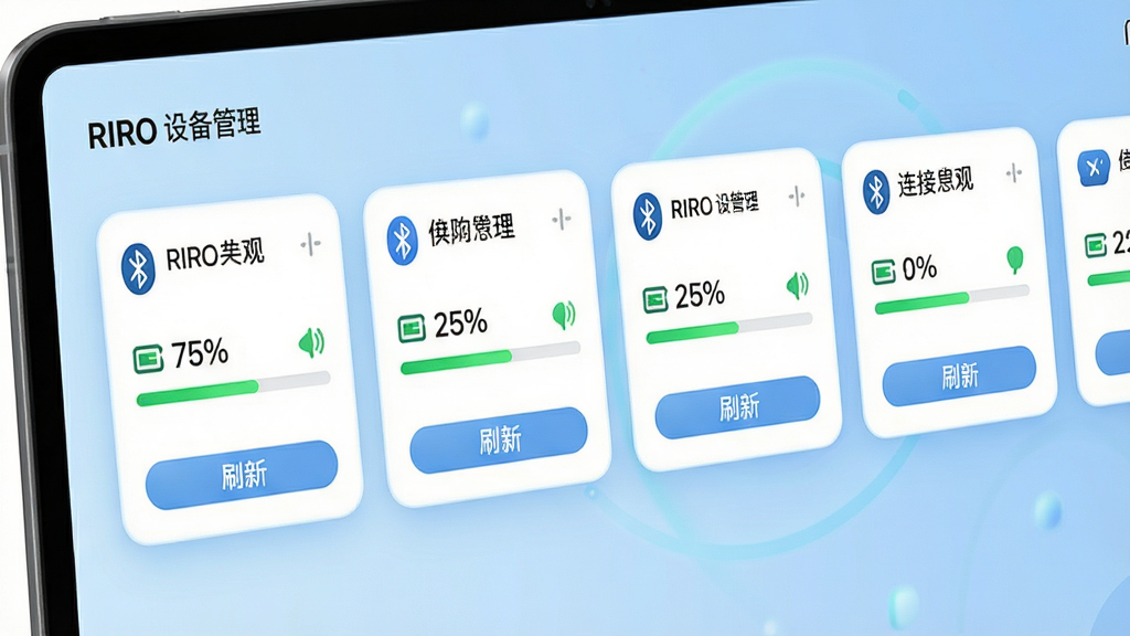 主体:RIRO应用的多设备管理界面,展示多个蓝牙设备卡片,每个卡片有设备名称、电量百分比和连接状态图标。布局:卡片式横向排列,背景为浅蓝色渐变。排版:卡片圆角设计,图标与文字对齐,底部有“刷新”按钮。风格:清爽简洁,科技感十足。细节:卡片上标注“RIRO 设备管理”字样,电量用绿色进度条显示。画质:高分辨率,细节丰富,无多余元素。