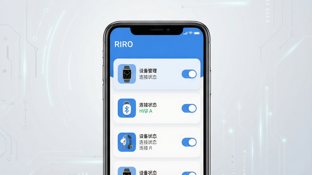 主体:RIRO应用界面展示,手机屏幕显示设备管理列表,包含智能手表和蓝牙耳机的图标与连接状态。布局:手机居中,屏幕内容清晰可见,背景为浅灰色科技感渐变。排版:界面元素整齐排列,图标下方有中文标签“设备管理”“连接状态”。风格:现代扁平化设计,蓝色主色调,简洁大方。细节:屏幕左上角显示“RIRO”字样,右上角有电量图标,列表项带有开关按钮。画质:高清渲染,干净无多余元素。