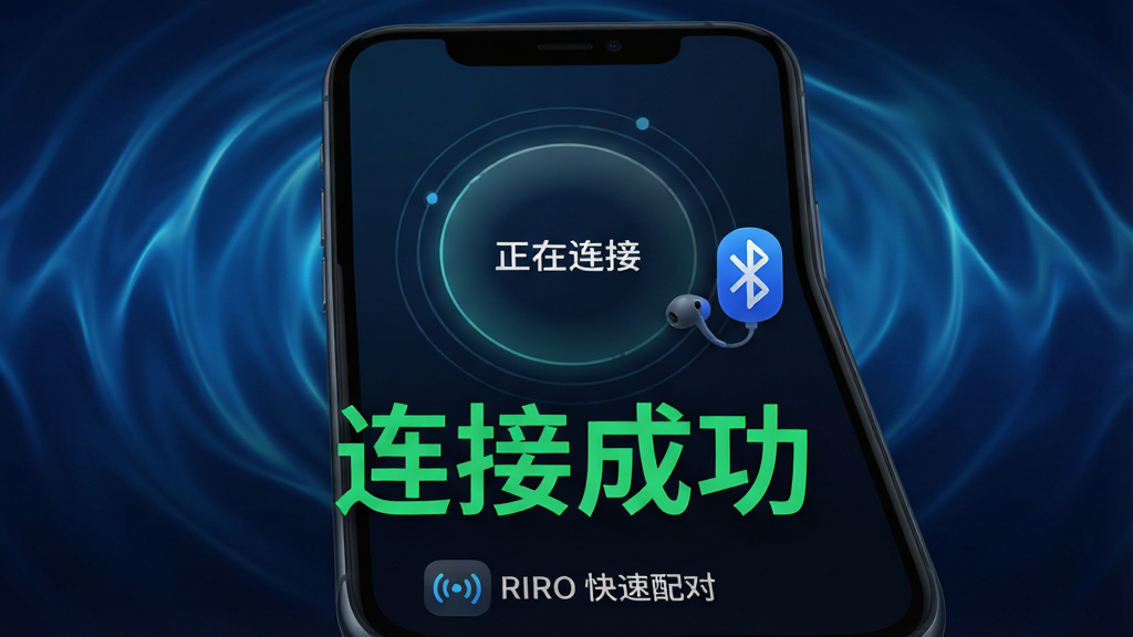 主体:RIRO应用的一键连接界面,手机屏幕显示“正在连接”动画,旁边有一个蓝牙耳机图标。布局:动画居中,背景为动态波纹效果。排版:提示文字“连接成功”以绿色大字显示。风格:动态交互感,现代科技风格。细节:屏幕底部有“RIRO 快速配对”字样,图标带有信号波纹。画质:流畅动态效果,高清晰度,无多余元素。