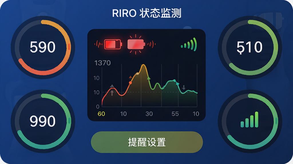 主体:RIRO应用的状态监测界面,显示一个智能手表的电量图表和信号强度图标。布局:图表居中,周围有圆形数据指示器。排版:数据以数字和进度环形式呈现,下方有“提醒设置”按钮。风格:数据可视化,清晰直观。细节:界面顶部标注“RIRO 状态监测”,电量图标为红色闪烁表示低电量。画质:高清,色彩鲜明,无多余元素。